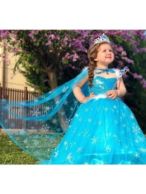 Peonia Kids Peoniakids Kız Çocuk Mavi Frozen Elsa Çocuk Kostümü - Sim Dökülmeyen Uzun Kol Pelerinli Ful Set Frozen Elsa Çocuk Elbise