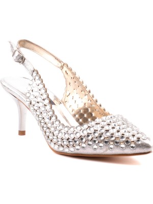 Derinet Gümüş Pullu Kadın Topuklu Ayakkabı