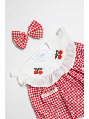 Mika Bebek Kiraz Nakışlı Büyük Bebe Yaka Kırmızı Beyaz Pötikare Kız Bebek Bandanalı Yazlık Elbise