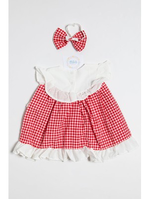 Mika Bebek Kiraz Nakışlı Büyük Bebe Yaka Kırmızı Beyaz Pötikare Kız Bebek Bandanalı Yazlık Elbise