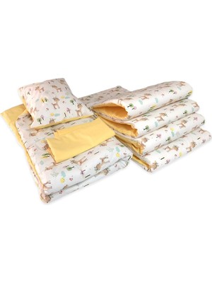 Bebek Özel Bebek/Çocuk Uyku Seti Karaca Desenli/Düz Sarı 7 Parça