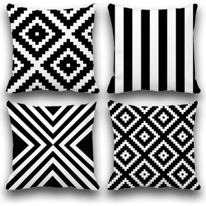 Pusula Home Çift Taraflı Siyah Geometri Desenli 4 Lü Set Dijital Baskılı Kırlent Kılıfı 35 x 50 cm