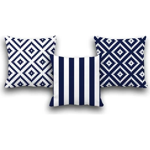 Pusula Home Çift Taraflı 3 Lü Set Lacivert Geometri Desen Dijital Baskılı Kırlent Kılıfı 43 x 43