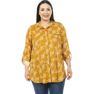 Disentis Modest Büyük Beden Yaprak Desenli Katlamalı Kollu Göğüsten Cepli Hardal Gömlek