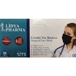 Lidya Pharma Cerrahi Maske Tek Tek Steril Telli 3 Katlı 50 Adet Siyah