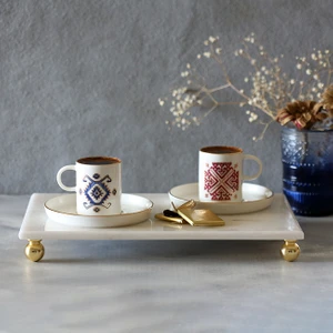 Mermer Beyaz 30X20 cm Boncuk Ayaklı Sunum Tabağı
