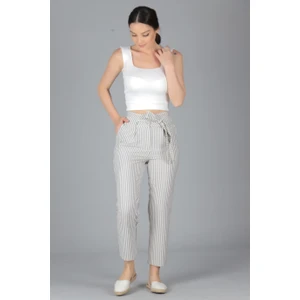 Sweetness Kadın Gri Çizgili Kemerli Pileli Yüksek Bel Pantolon