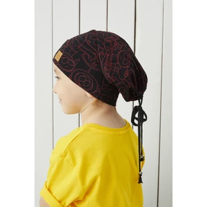 Çocuk Siyah Kırmızı Figürlü Ip Detaylı 4 Mevsim Şapka Bere  -Yumuşak Penye