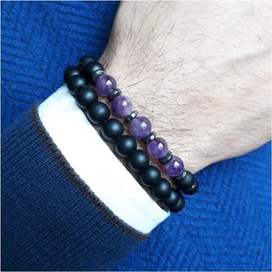 Ametist Oniks Hematit Doğal Taş Ikili Kombin Erkek Bileklik