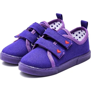 First Step Çift Cırtlı Kalpli Çocuk Keten Ayakkabı-Mor KALP-F-499