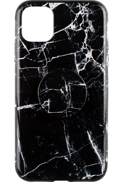 Herşey10 iPhone 11 Pro Siyah Mermer Desenli Tutma Yüzüklü Kılıf