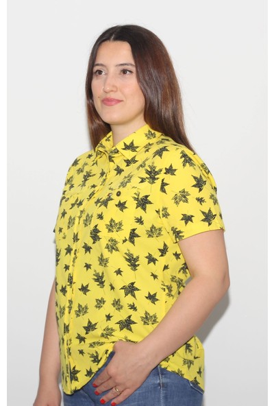 Tousus Kısa Kol Çiftcep Sarı Yaprak Desenli Kadın Gömlek KK-16011-TSS