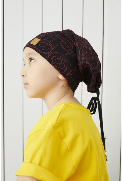 Babygiz Çocuk Siyah Kırmızı Figürlü Ip Detaylı 4 Mevsim Şapka Bere Buff -Yumuşak Penye