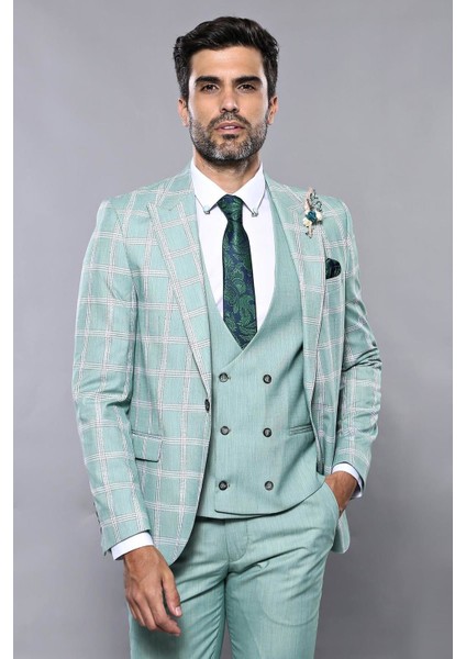 Erkek Ekose Ceket Yelekli Slim Fit Takım Elbise