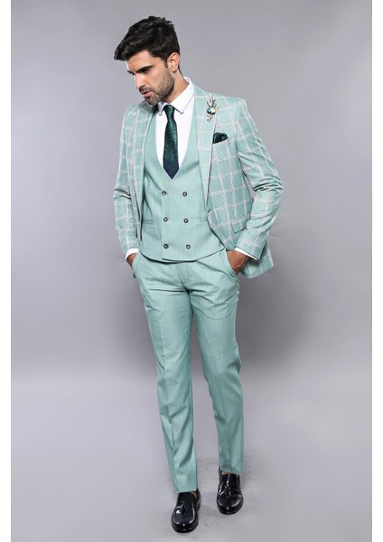 Erkek Ekose Ceket Yelekli Slim Fit Takım Elbise fiyatları