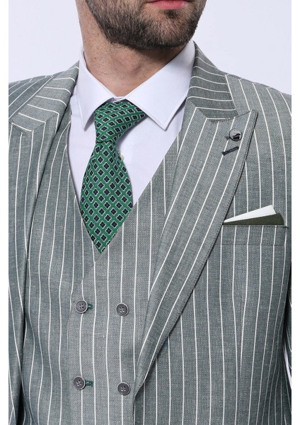 Erkek Çizgili Ceketli Yelekli Slim Fit Takım Elbise