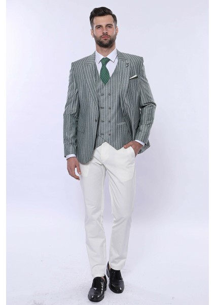 Erkek Çizgili Ceketli Yelekli Slim Fit Takım Elbise fiyatları