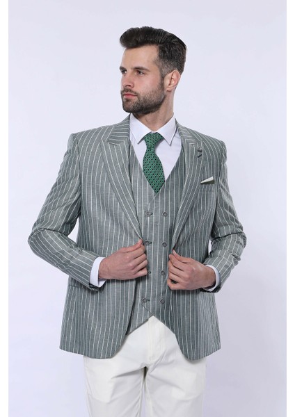 Erkek Çizgili Ceketli Yelekli Slim Fit Takım Elbise modelleri