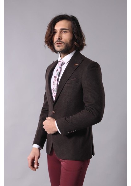 Erkek Sivri Yaka Tek Düğme Slim Fit Ceket