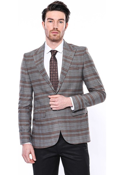 Erkek Ekose Desenli Sivri Yaka Slim Fit Ceket