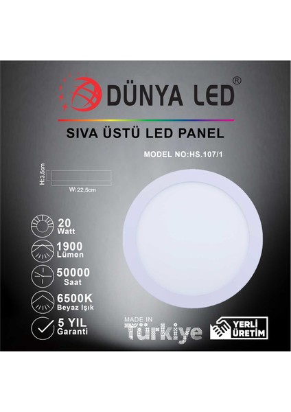 HS.107/1 20W Sıva Üstü LED Panel 6500K Beyaz Işık