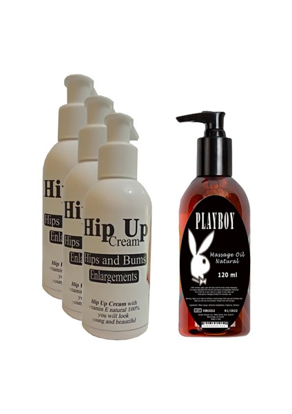 Hipup Hip Enlargement Cream Kalça Kaldırma , Vücut Kremi 120 ml 3 Adet+Playboy Masaj Yağı 120 ml