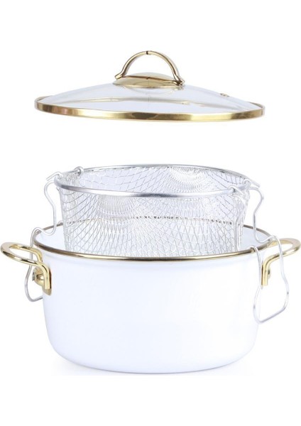 Beyaz Qualitahüma Cam Kapaklı Kızartma Emaye Tencere 22 cm