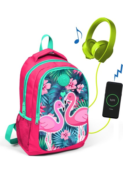 Kids Üç Bölmeli USB Şarjlı Kulaklık Çıkışlı Sırt Çantası