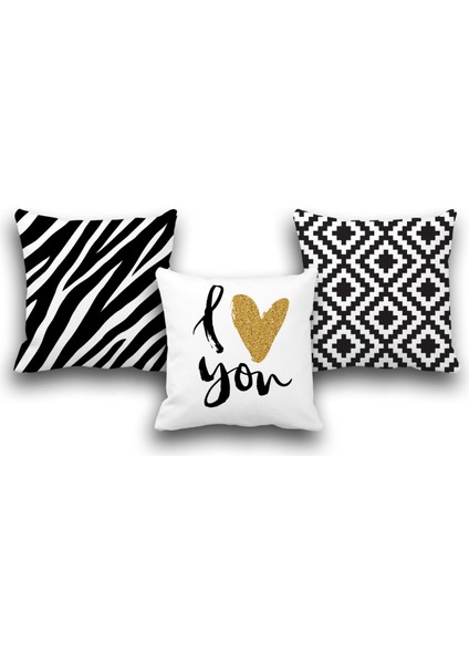 Çift Taraflı 3 Lü Set I Love You Geometri Desen Dijital Baskılı Kırlent Kılıfı 50 x 50