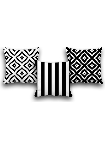 Çift Taraflı 3 Lü Set Siyah Geometri Desen Dijital Baskılı Kırlent Kılıfı 43 x 43