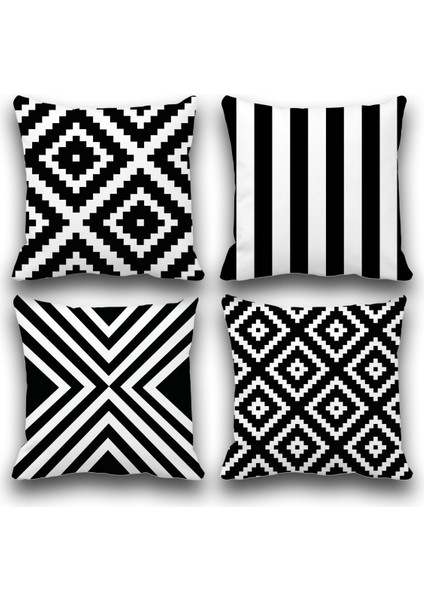 Çift Taraflı Siyah Geometri Desenli 4 Lü Set Dijital Baskılı Kırlent Kılıfı 43 x 43