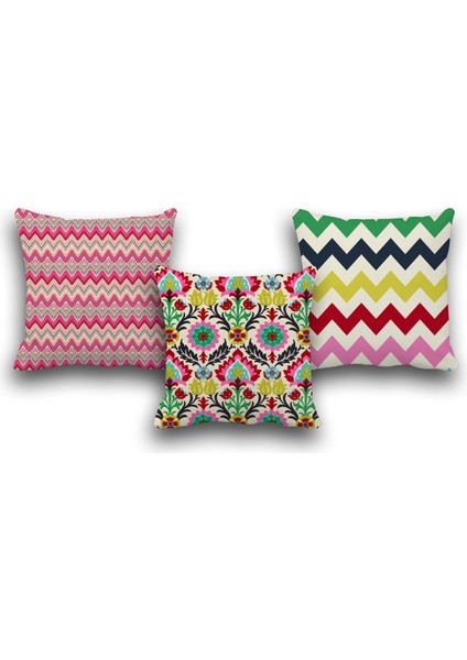 Çift Taraflı 3 Lü Set Etnik Desen Dijital Baskılı Kırlent Kılıfı 50 x 50
