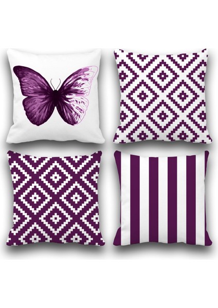 Çift Taraflı Mor Geometrik 4 Lü Set Desenli Dijital Baskılı Kırlent Kılıfı 50 x 50