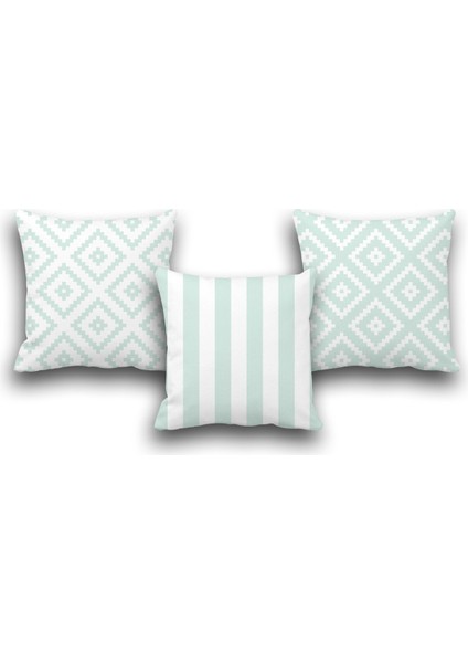 Çift Taraflı 3 Lü Set Mint Geometri Desen Dijital Baskılı Kırlent Kılıfı 43 x 43