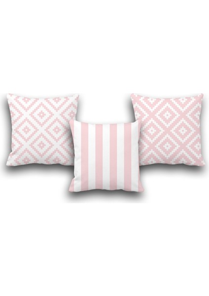 Çift Taraflı 3 Lü Set Pembe Geometri Desen Dijital Baskılı Kırlent Kılıfı 50 x 50