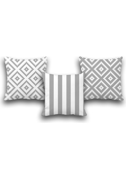 Çift Taraflı 3 Lü Set Koyu Gri Geometri Desen Dijital Baskılı Kırlent Kılıfı 43 x 43