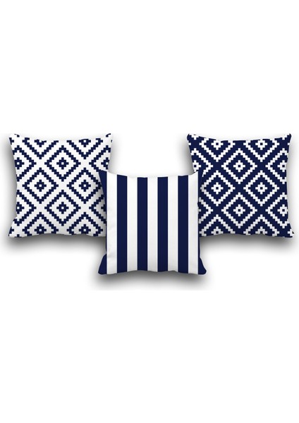 Çift Taraflı 3 Lü Set Lacivert Geometri Desen Dijital Baskılı Kırlent Kılıfı 35 x 50 cm