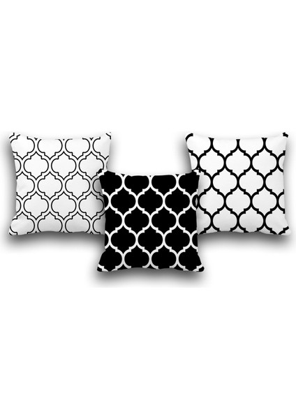 Çift Taraflı 3 Lü Set Siyah Ogee Desen Dijital Baskılı Kırlent Kılıfı 43 x 43