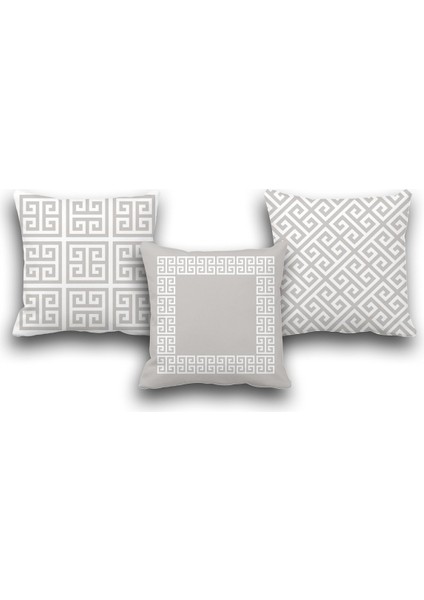 Çift Taraflı 3 Lü Set Gri Geometri Desen Dijital Baskılı Kırlent Kılıfı 50 x 50