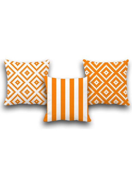 Çift Taraflı 3 Lü Set Turuncu Geometri Desen Dijital Baskılı Kırlent Kılıfı 35 x 50 cm