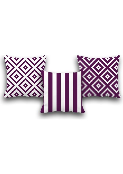 Çift Taraflı 3 Lü Set Mor Geometri Desen Dijital Baskılı Kırlent Kılıfı 50 x 50