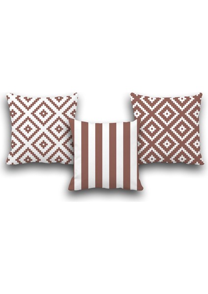 Çift Taraflı 3 Lü Set Açık Kahve Geometri Desen Dijital Baskılı Kırlent Kılıfı 50 x 50