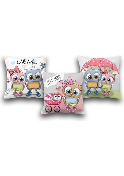 Çift Taraflı 3 Lü Set Sevimli Baykuşlar Desen Dijital Baskılı Kırlent Kılıfı 35 x 50 cm