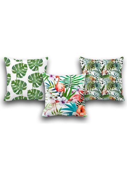 Çift Taraflı 3 Lü Set Tropikal Yaprak ve Flamingo Dijital Baskılı Kırlent Kılıfı 43 x 43