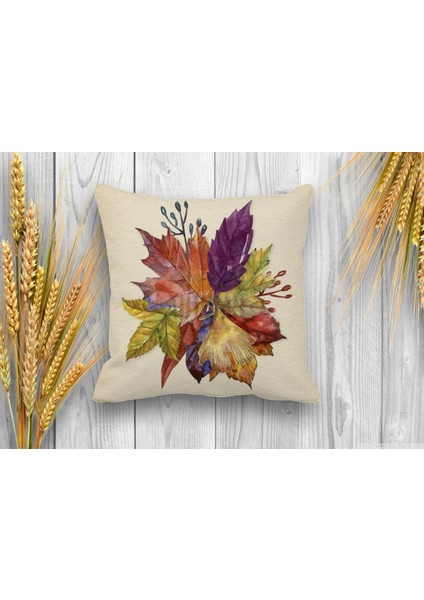 Çift Taraflı Sonbahar Yaprakları Dijital Baskılı Kırlent Kılıfı 35 x 50 cm