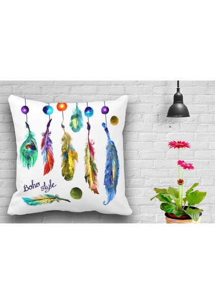 Çift Taraflı Sulu Boya Tüyler Dijital Baskılı Kırlent Kılıfı 43 x 43