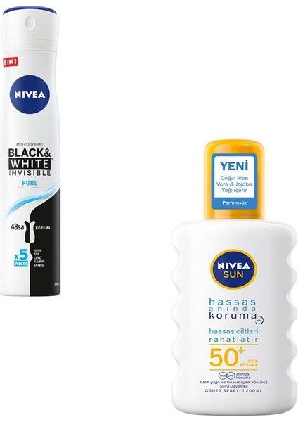 Sun Hassas Güneş Alerjisi Koruma Spreyi Spf 50+ Nivea Deo Inv B&w Pure 200ML 2'li Set