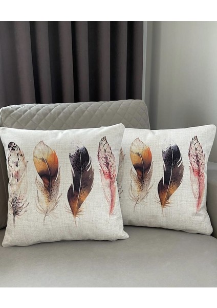 Çift Tarafı Baskılı Tüy Desenli Dekoratif 2’li Kırlent Kılıfı Seti