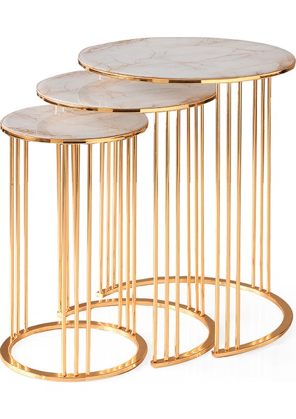 Yuvarlak Cam Zigon Sehpa 3 Lü Gold Kaplama Mermer Desen Cam