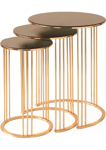 Yuvarlak Cam Zigon Sehpa 3 Lü Gold Kaplama Bronz Cam